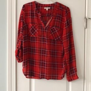 Red plaid polyester blouse